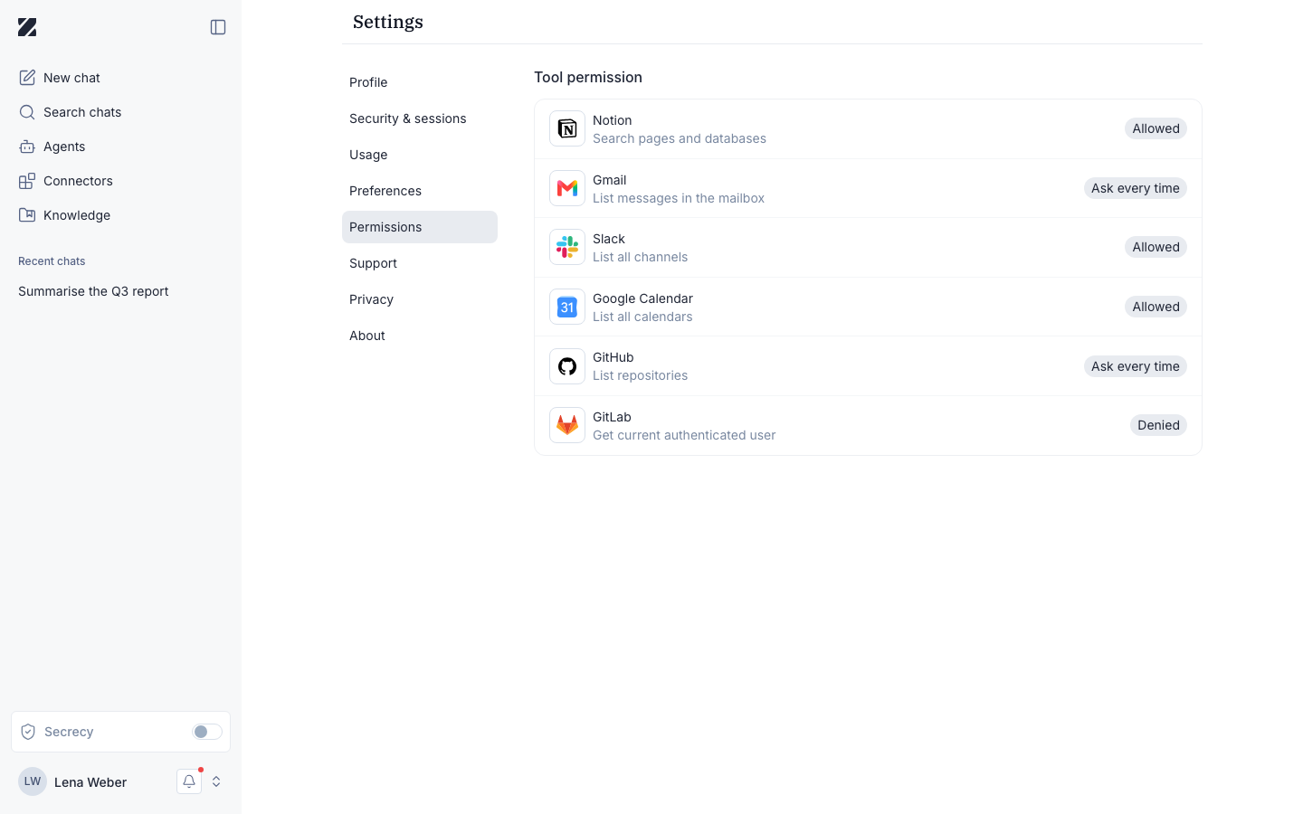 Permissions screen