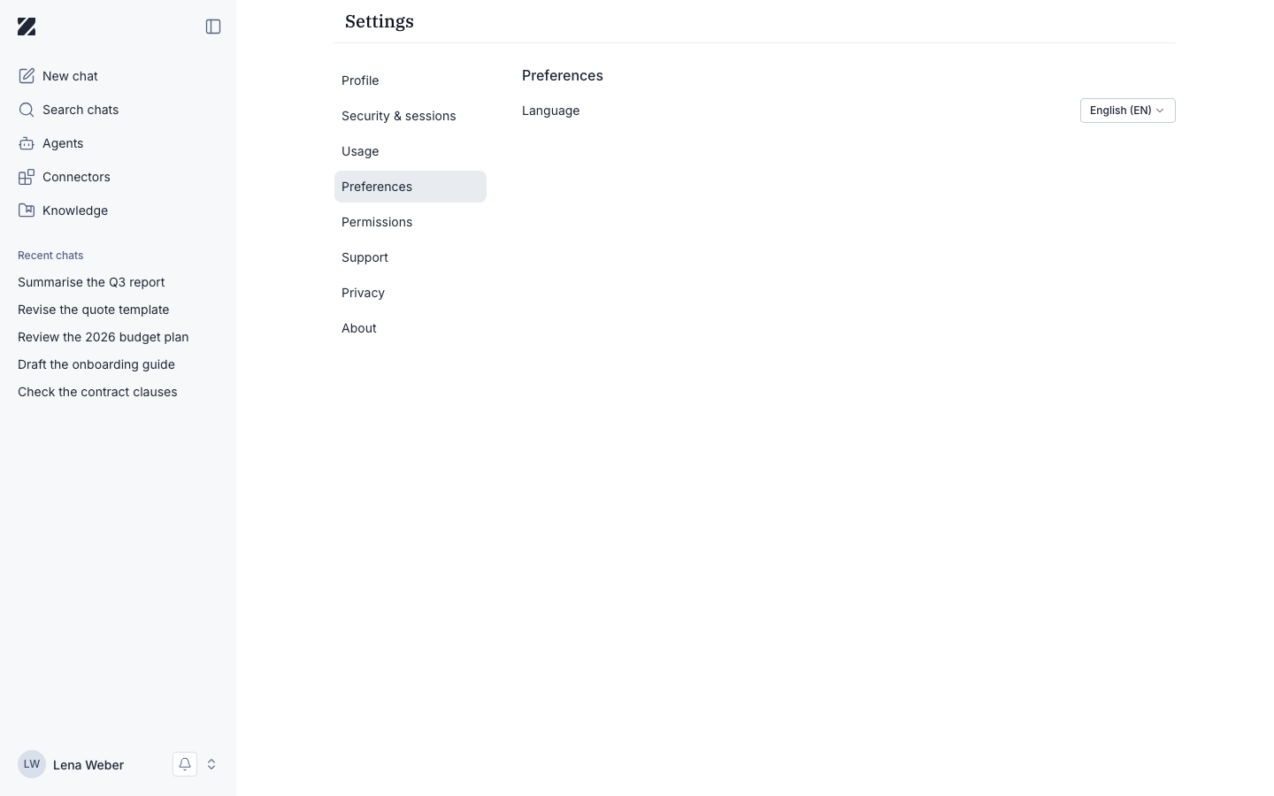 Preferences screen