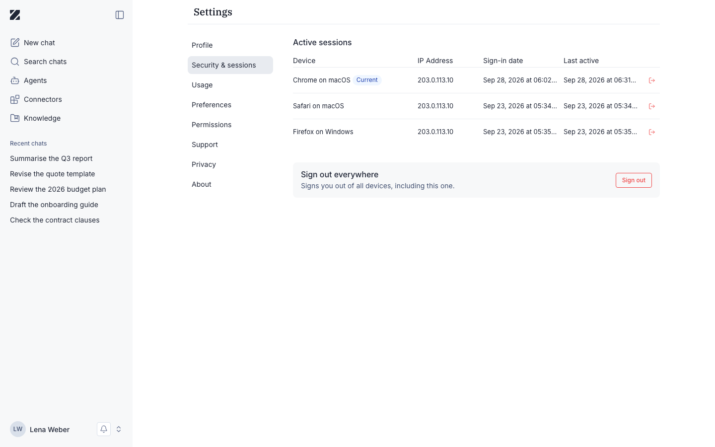 Security and sessions screen