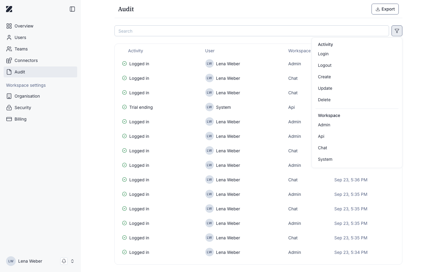 Audit filter panel