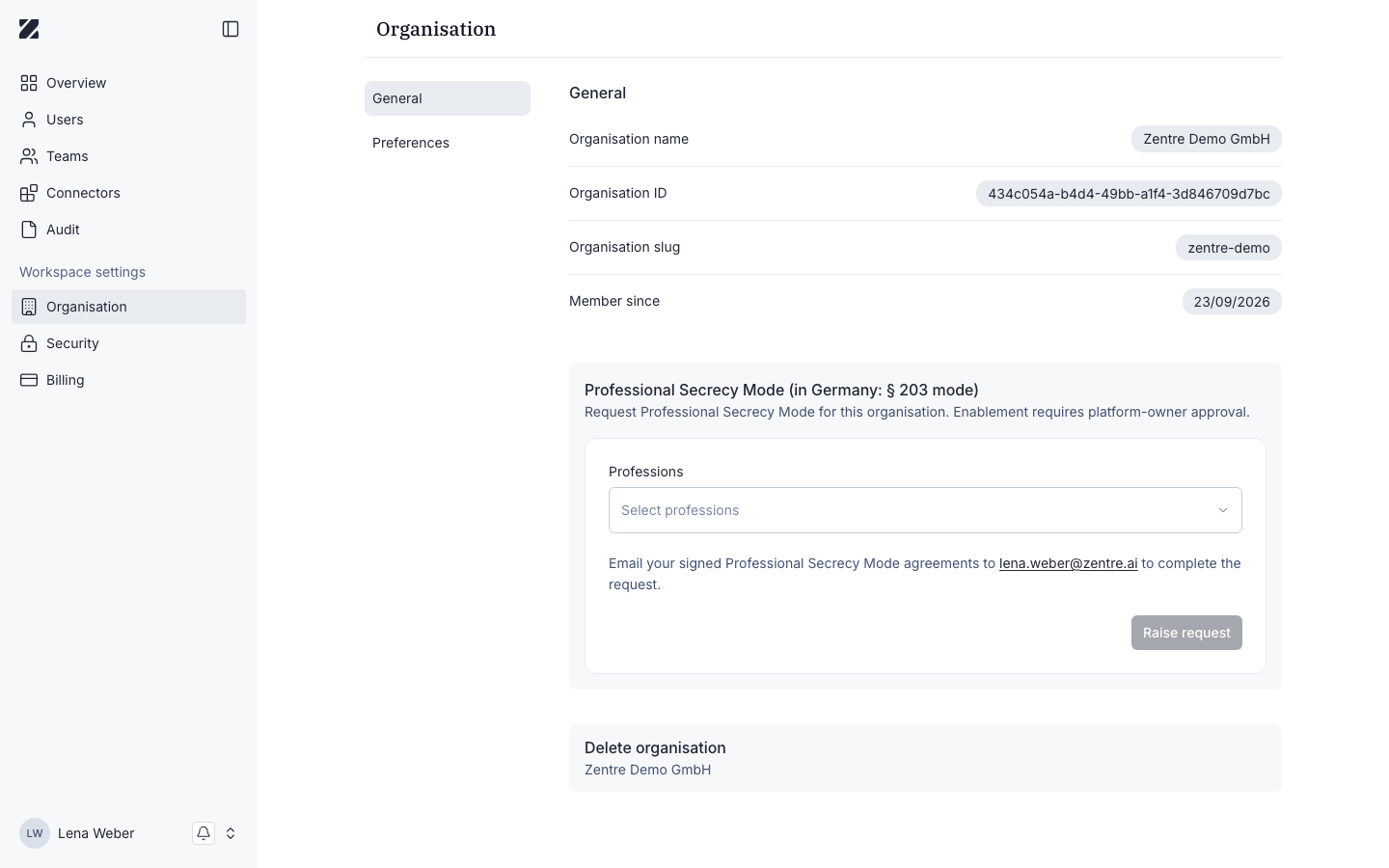 Organisation settings screen