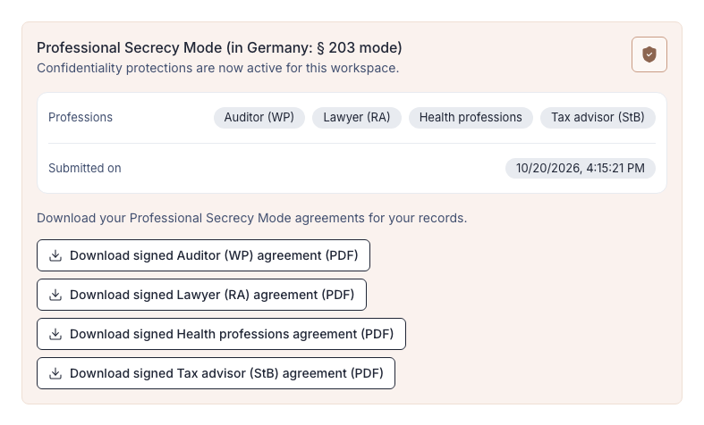Professional Secrecy Mode card in the admin console with four professions, the submission date and agreement downloads