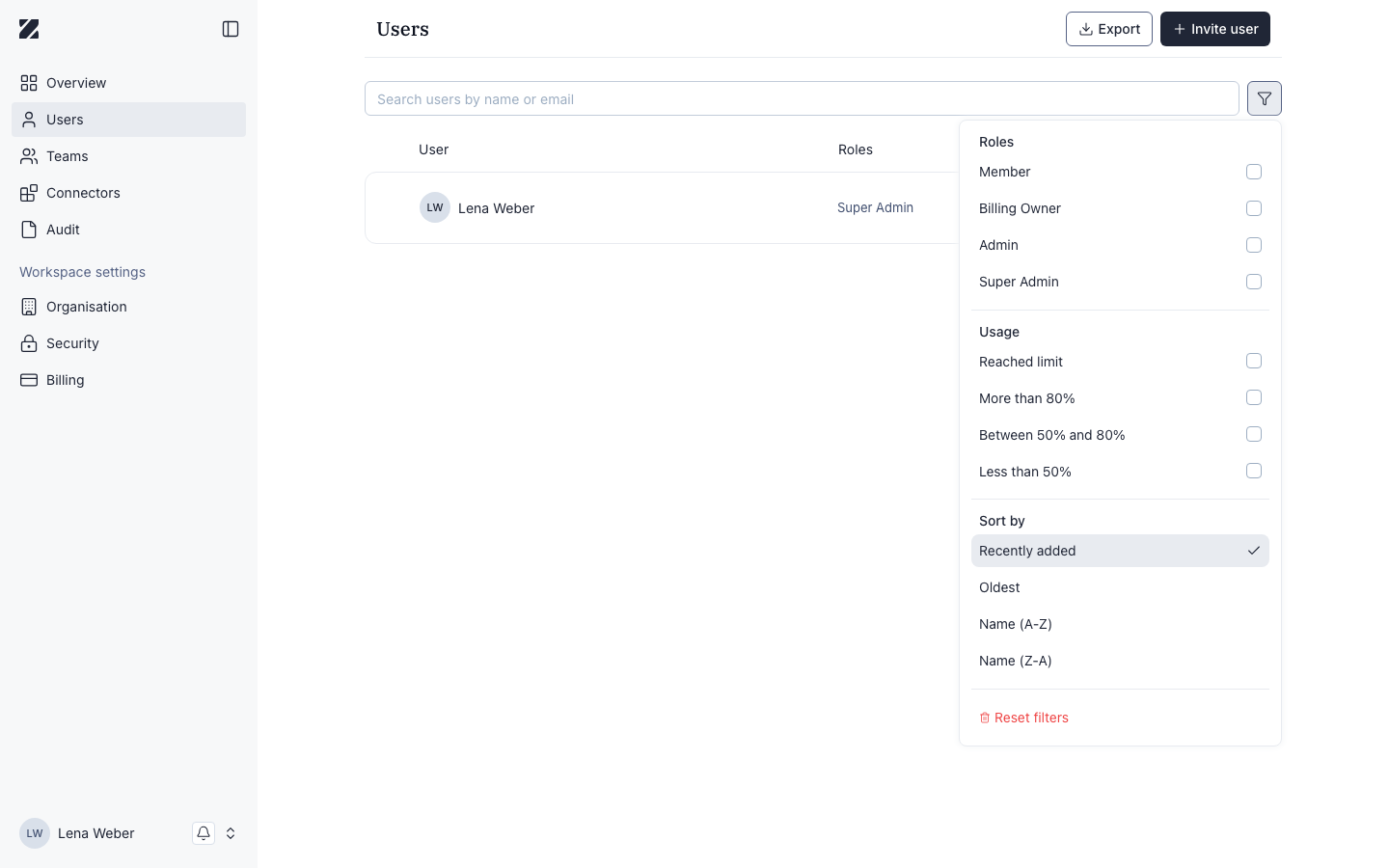 Users filter panel