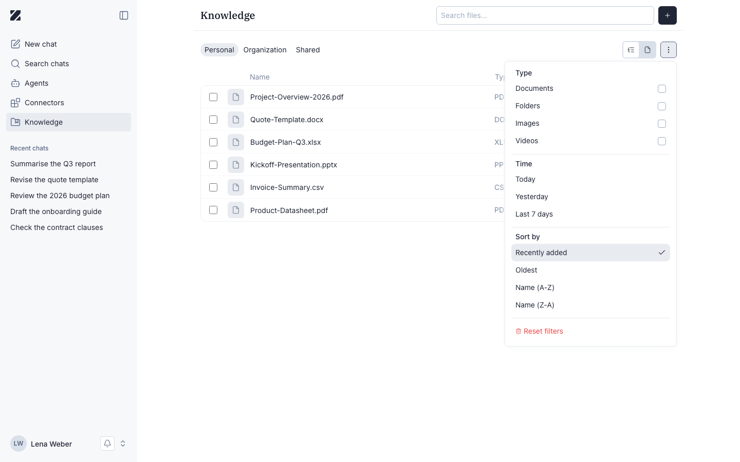 Knowledge filter menu