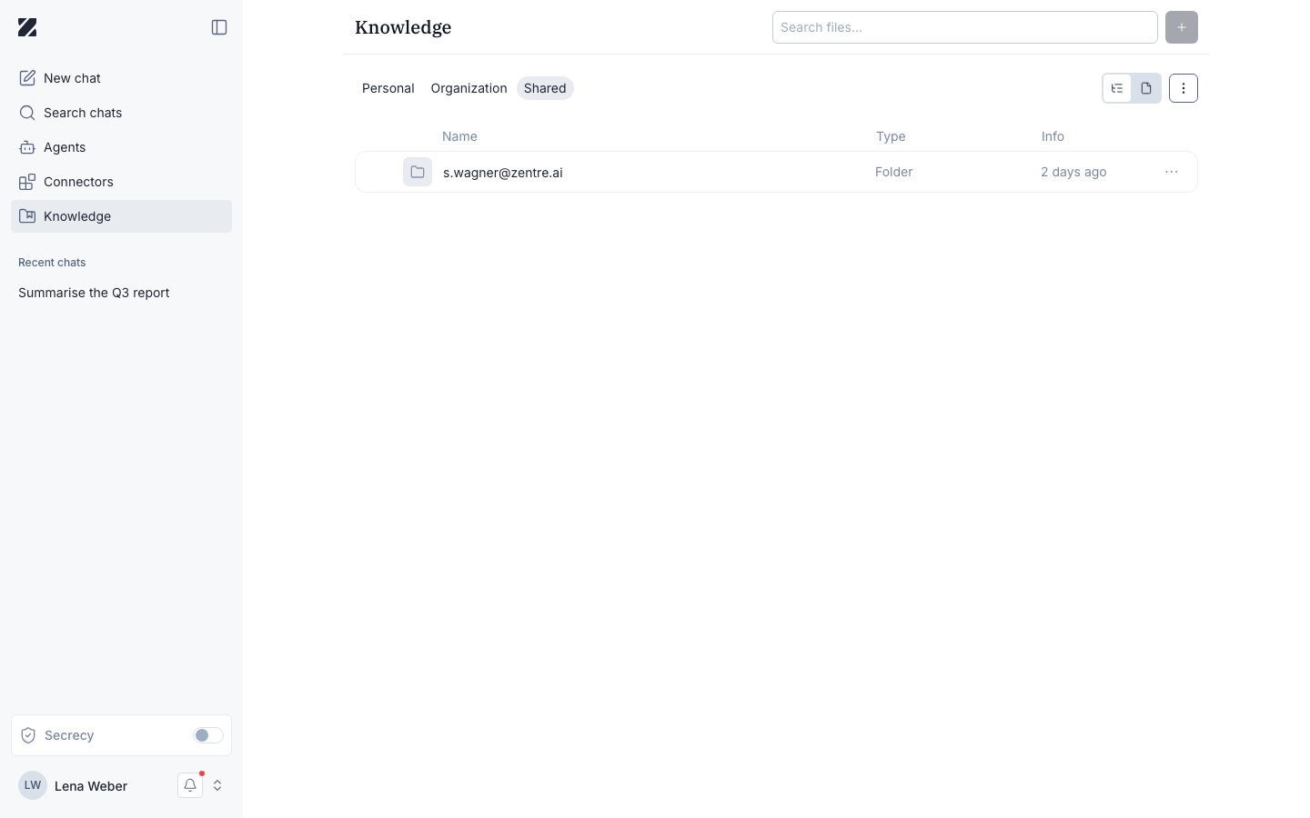 Shared tab in Knowledge with a folder named after the email address of a colleague