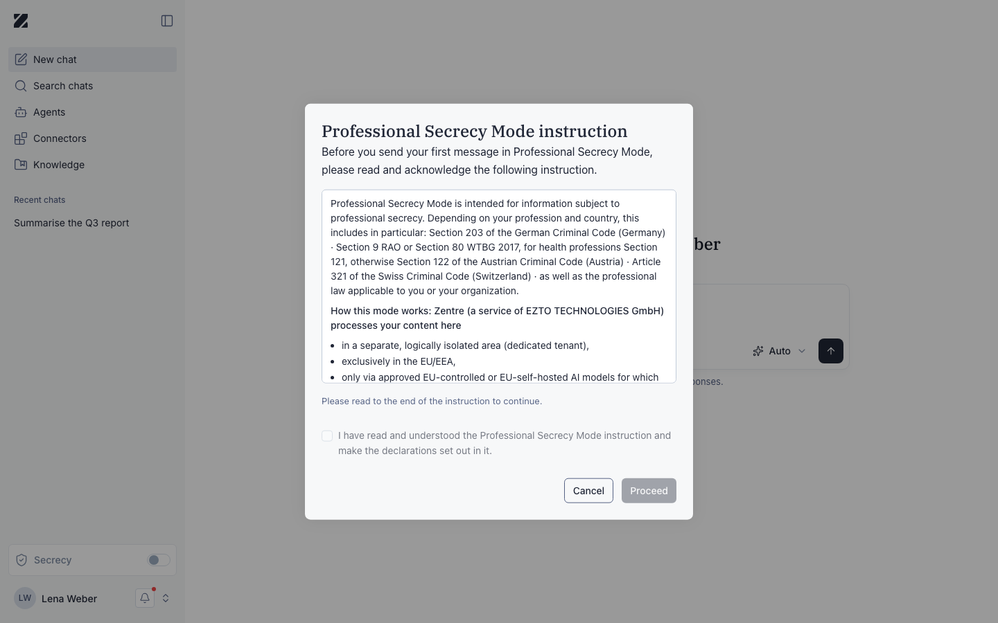 Professional Secrecy Mode instruction dialog with the instruction text, a confirmation checkbox, and the Cancel and Proceed buttons