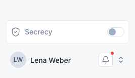 Secrecy switch in the chat sidebar, turned off, above the account menu