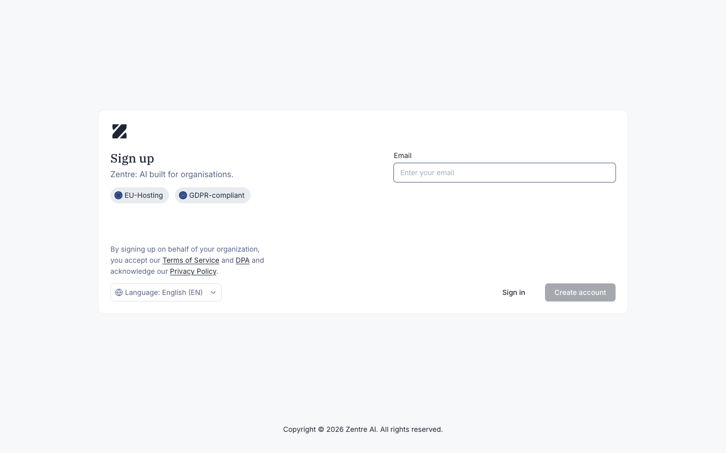 Zentre AI signup screen with an email field and the Create account button
