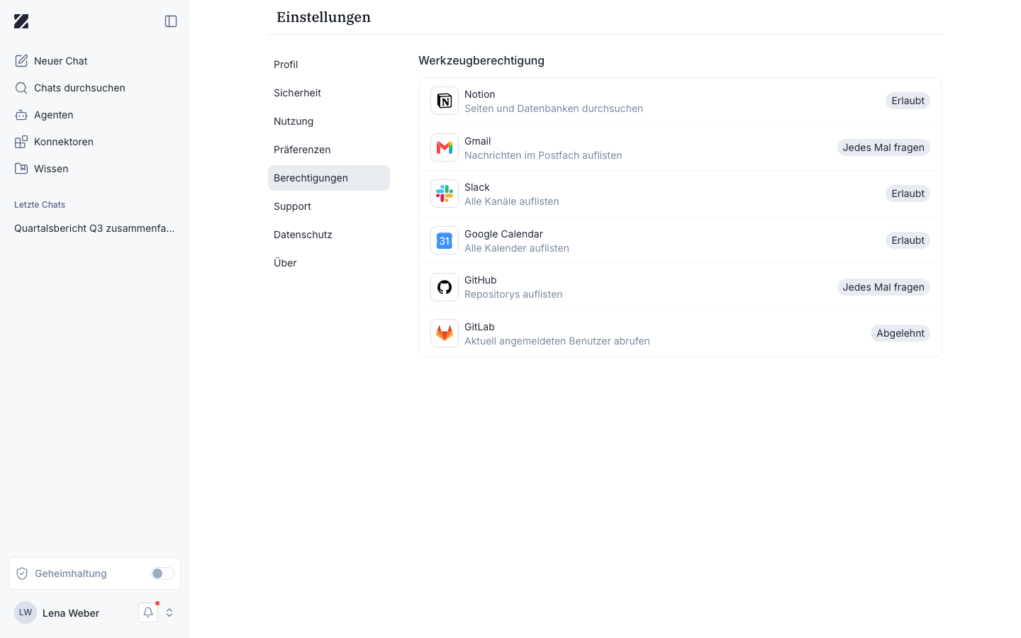 Ansicht „Berechtigungen“