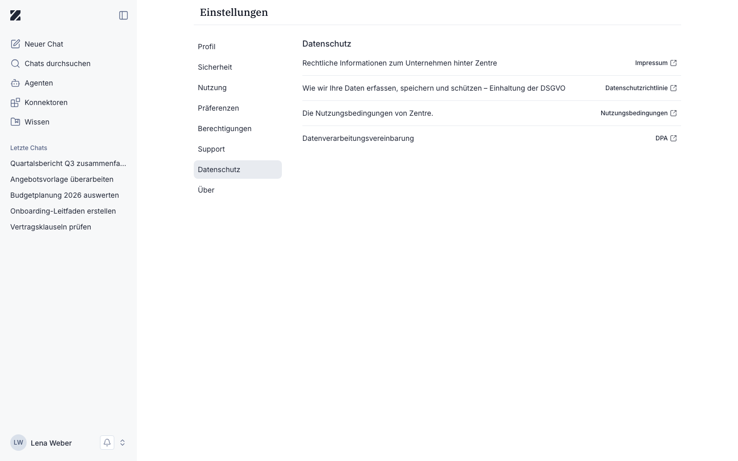 Ansicht „Datenschutz“