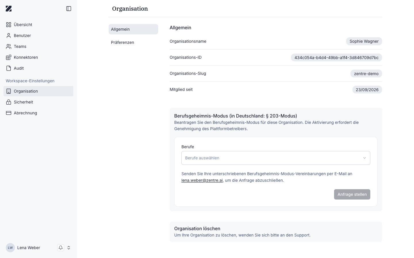 Ansicht „Organisation“, Tab „Allgemein“
