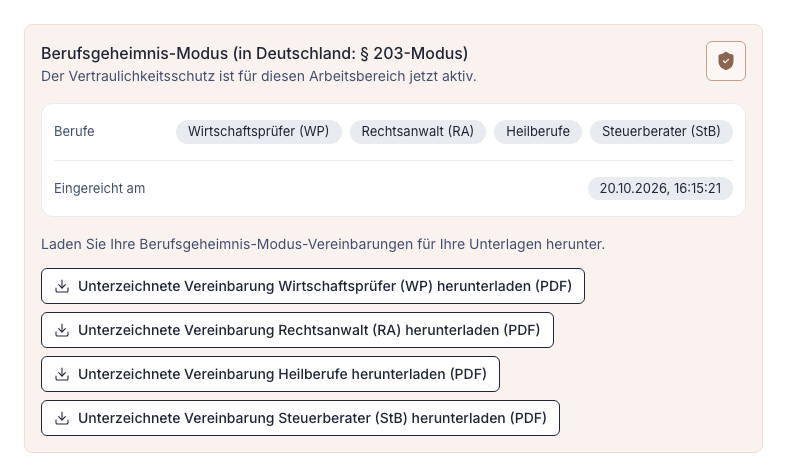 Karte „Berufsgeheimnis-Modus“ in der Admin-Konsole mit vier Berufen, dem Antragsdatum und Downloads der Vereinbarungen