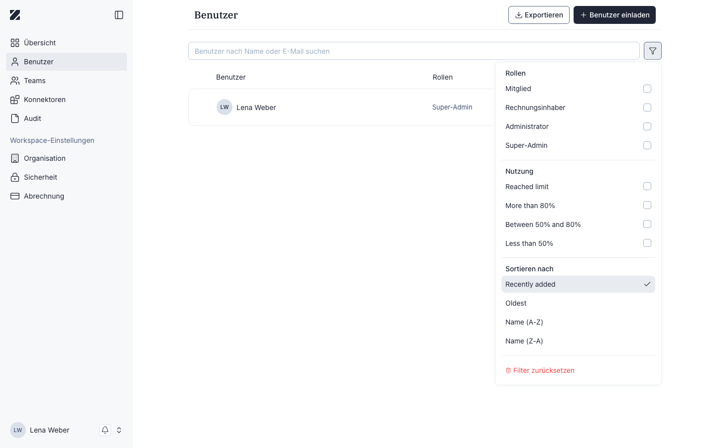 Benutzer-Filterpanel