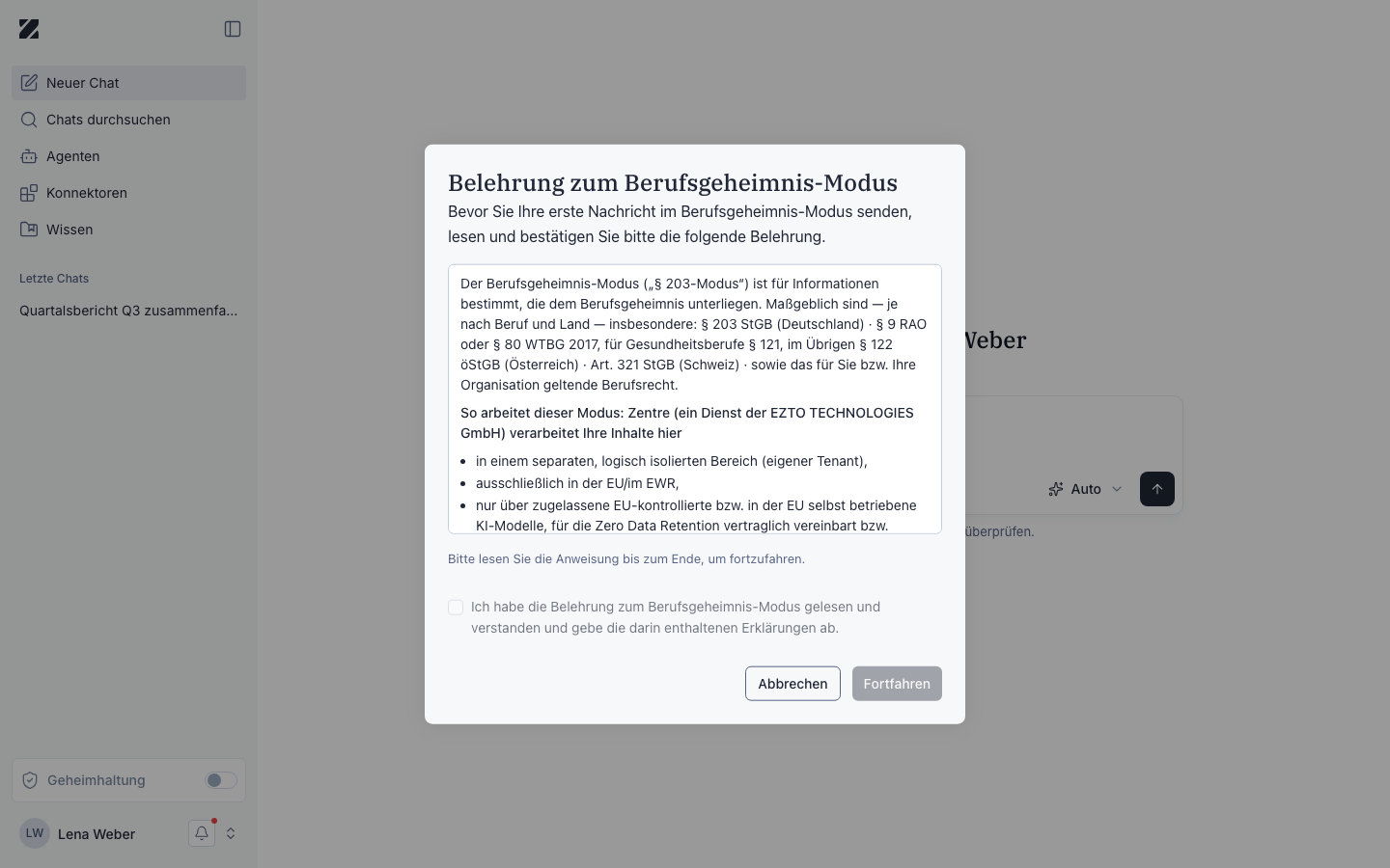 Dialog „Belehrung zum Berufsgeheimnis-Modus“ mit dem Belehrungstext, einem Kontrollkästchen zur Bestätigung und den Schaltflächen „Abbrechen“ und „Fortfahren“