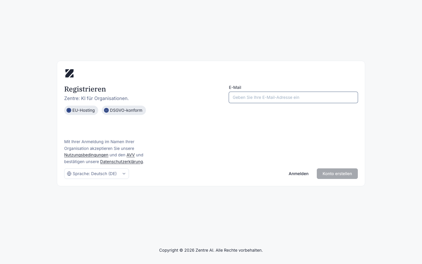 Registrierungsseite von Zentre AI mit E-Mail-Feld und der Schaltfläche „Konto erstellen“